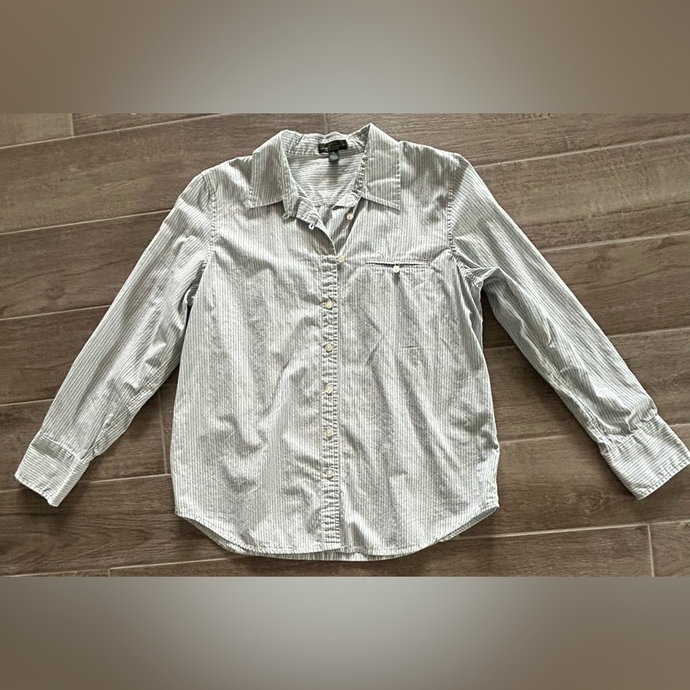LRL Lauren Jeans Co. Shirt-XL-Blue & White Striped- Long Sleeve-Ladies-Good cond